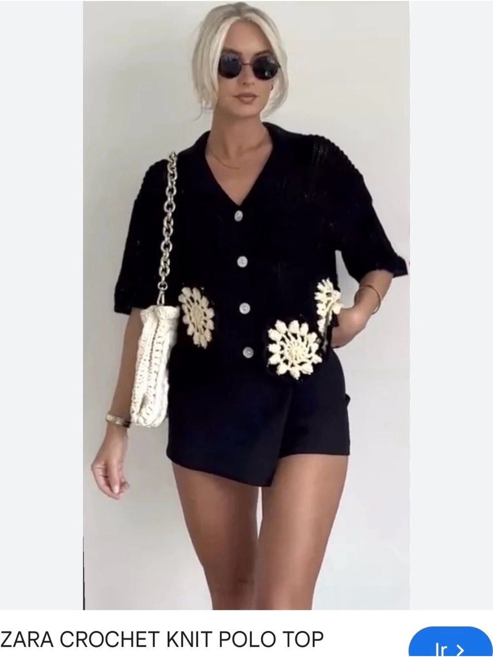 Zara Black High-Waist Shorts with Knit Polo and Cream Crochet Accents